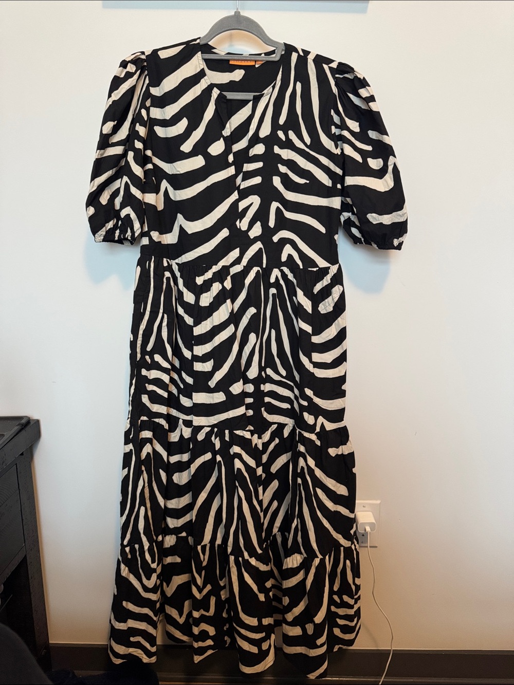 Oliphant Black & White Zebra-Print Tiered Maxi Dress with Puff Sleeves